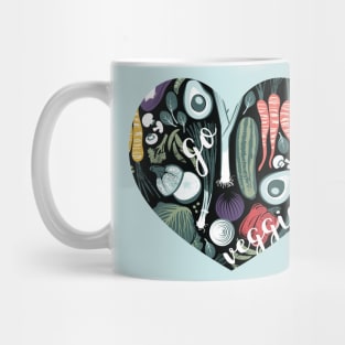 Go veggie // heart print // black background pine and mint vegetables Mug